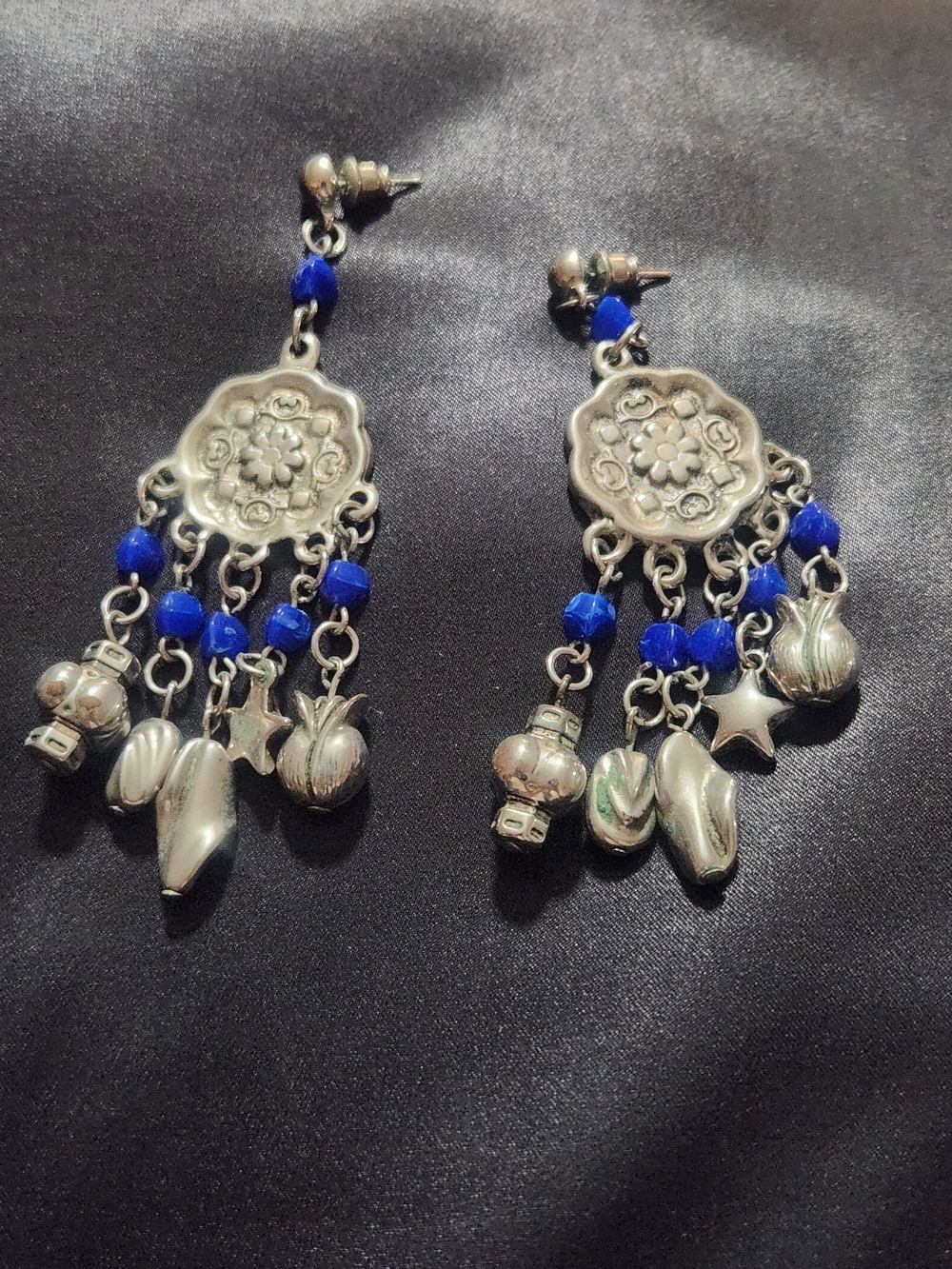 Vintage Silver Cobalt Blue Beaded Chandelier Dangle Charm Earrings Boho Post